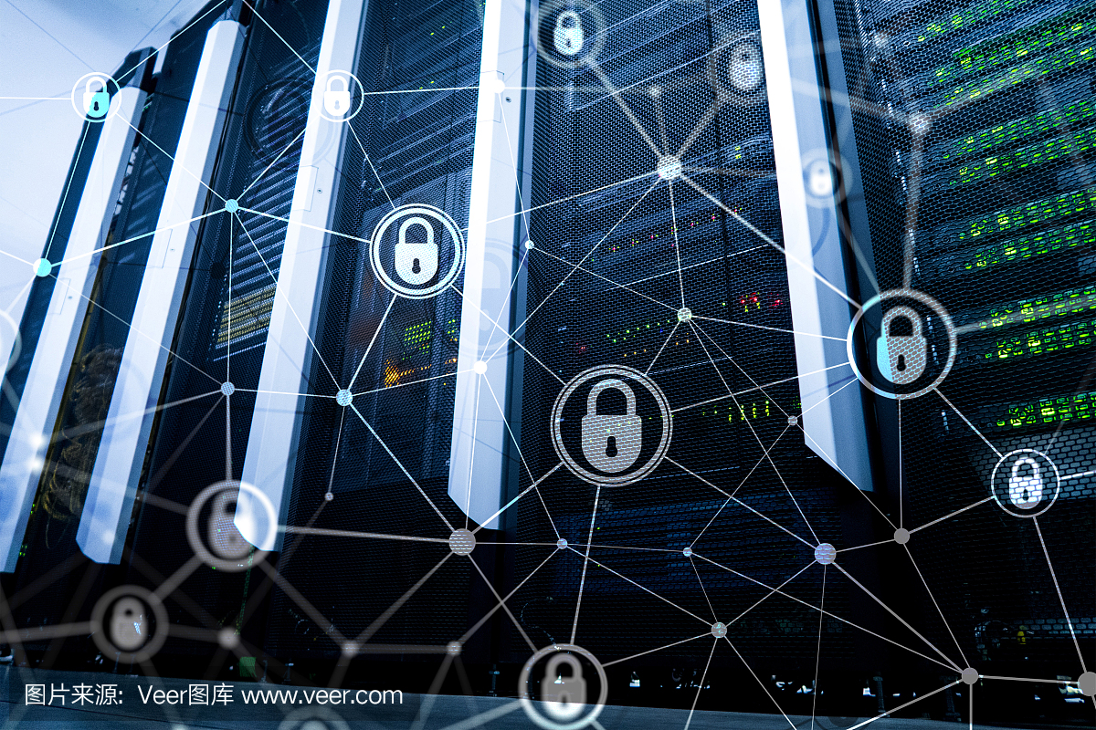 網絡安全,信息隱私,數(shù)據保護概念在現(xiàn)代服務器室背景下。互聯(lián)網和數(shù)字技術的概念。